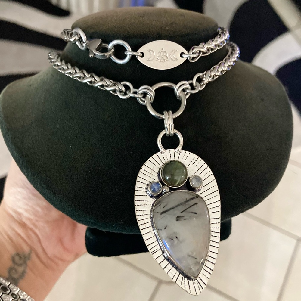 925 sterling silver overlay rutilated quartz labradorite & moonstone necklace .